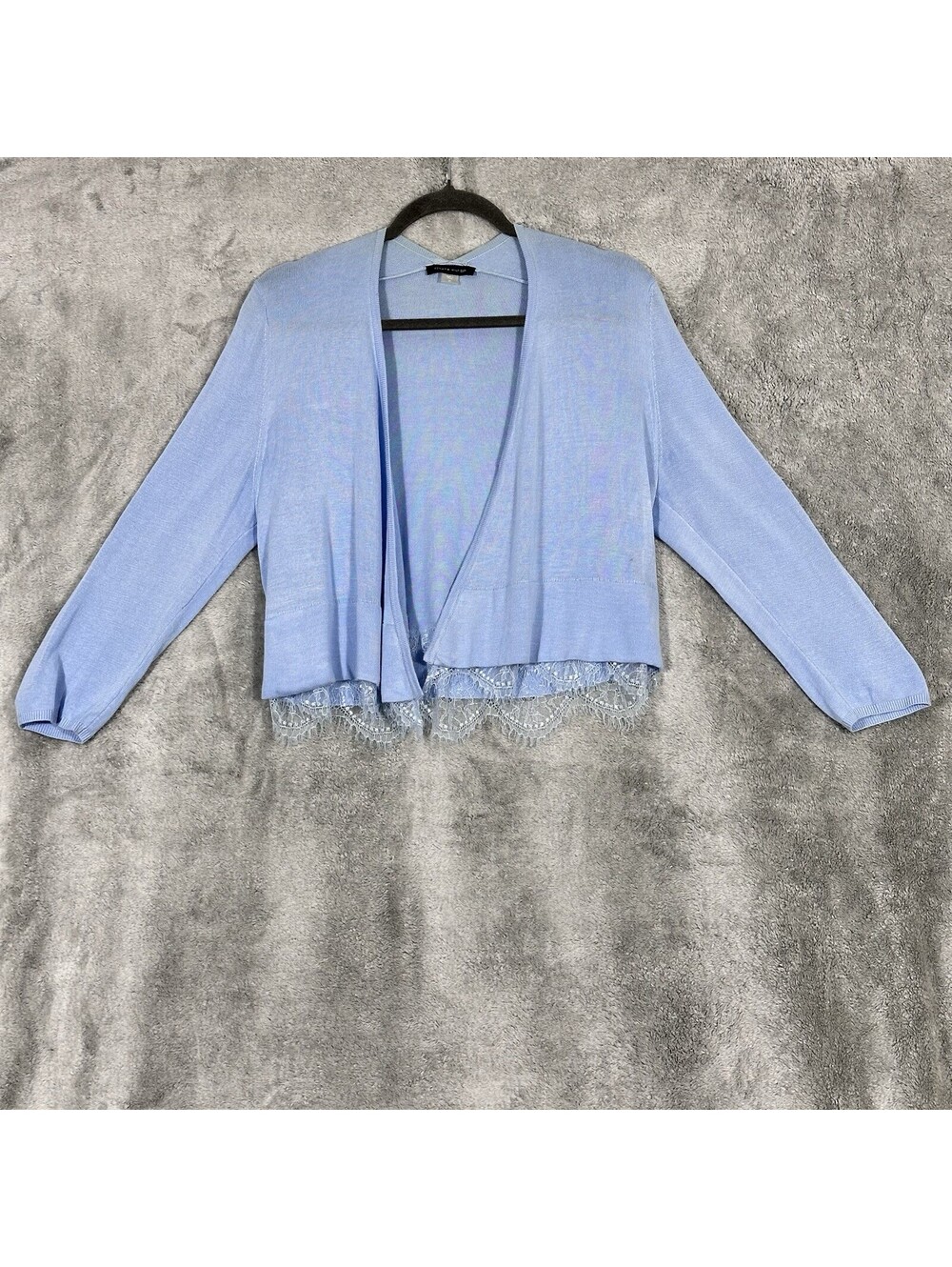 Tommy Hilfiger Women’s M Light Blue Open Front Cardigan Lace Trim Hem Scalloped